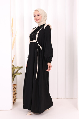 Bağlamalı ve Fırfır Detaylı Elbise 6064 Siyah - 4