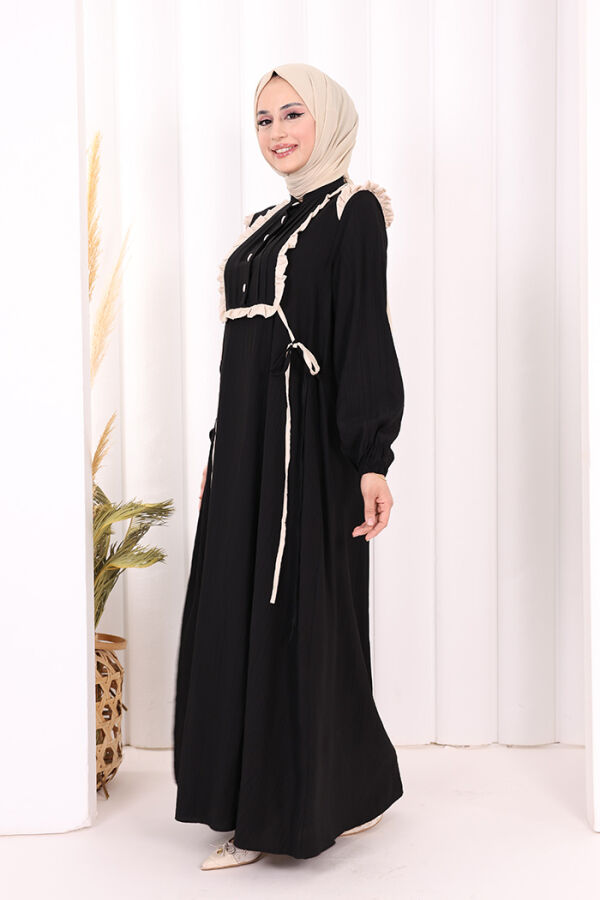Bağlamalı ve Fırfır Detaylı Elbise 6064 Siyah - 4