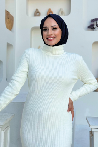 Balıkçı Yaka Fitilli Triko Elbise 4100 Ekru - 11