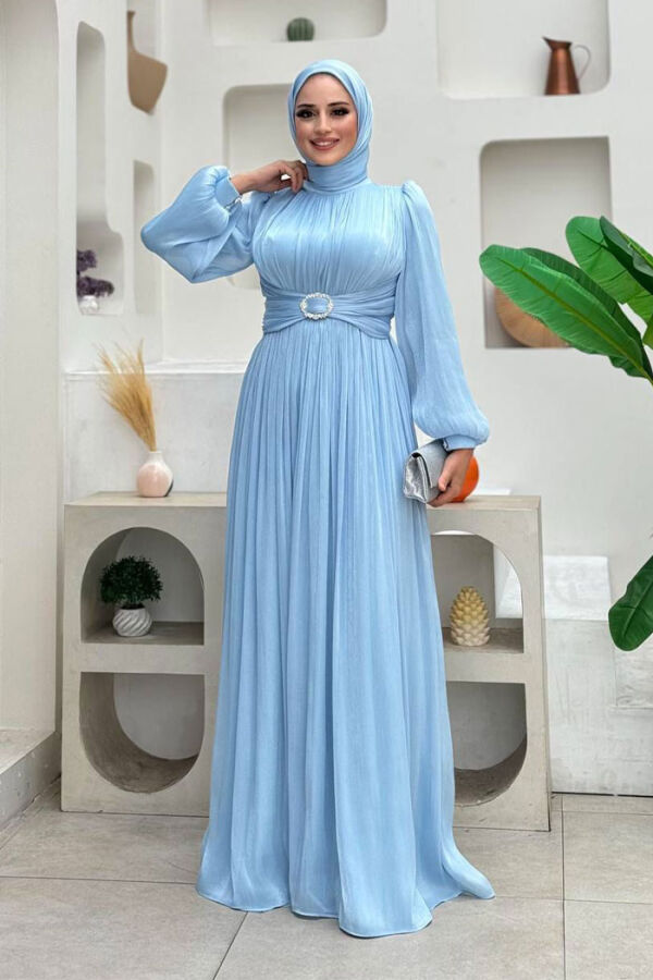 Plissiertes Abendkleid mit Ballonärmeln 7013 Babyblau - 1