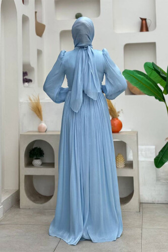 Plissiertes Abendkleid mit Ballonärmeln 7013 Babyblau - 2