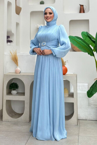 Plissiertes Abendkleid mit Ballonärmeln 7013 Babyblau - 3
