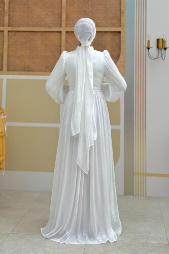 Plissiertes Abendkleid mit Ballonärmeln 7013 Ecru - 2