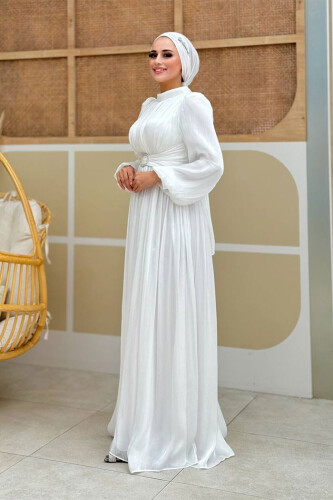 Plissiertes Abendkleid mit Ballonärmeln 7013 Ecru - 3