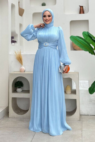 Balon Kol Pileli Abiye Elbise 7013 Bebe Mavisi - Bym Fashion