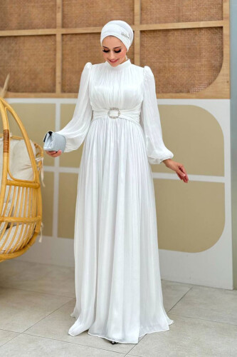 Balon Kol Pileli Abiye Elbise 7013 Ekru - Bym Fashion