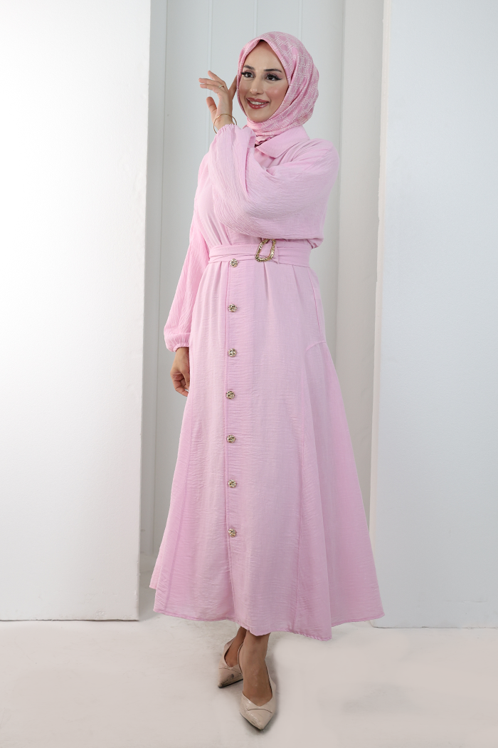 Balon Kollu Düğmeli Elbise 7098 Pembe - 3