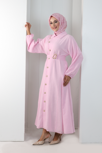 Balon Kollu Düğmeli Elbise 7098 Pembe - 4