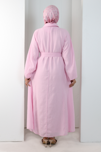 Balon Kollu Düğmeli Elbise 7098 Pembe - 5