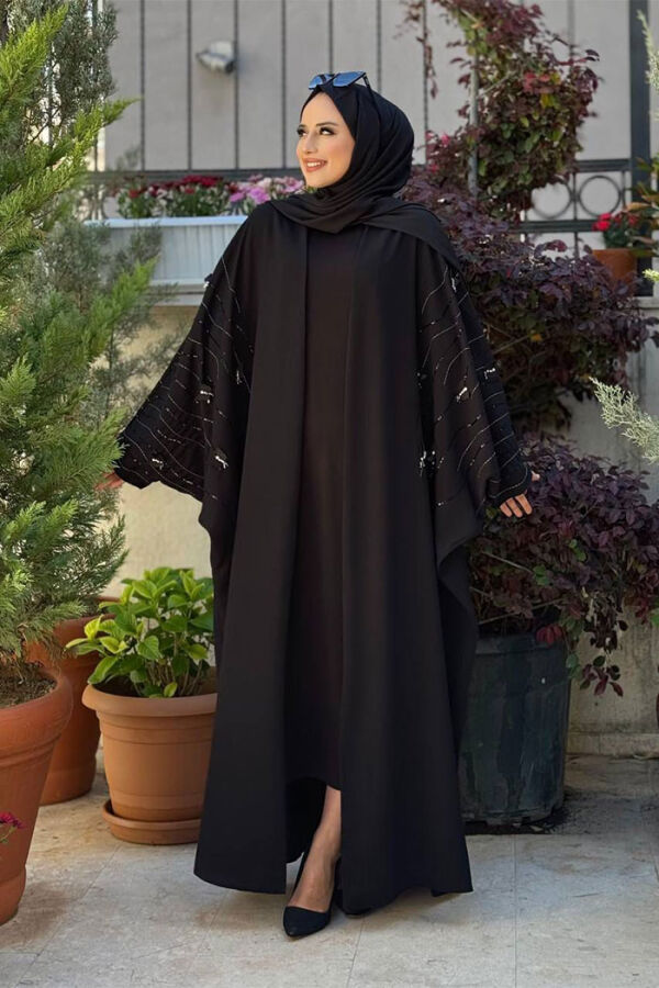 Bat Sleeve Embroidered Detailed Abaya 70012 Black - 1