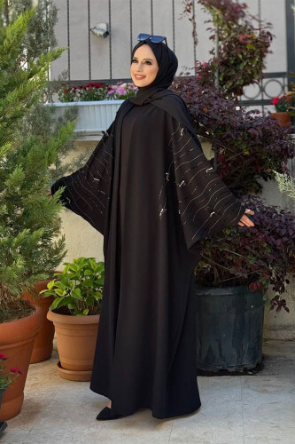 Bat Sleeve Embroidered Detailed Abaya 70012 Black - 3