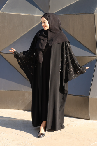 Bat Sleeve Embroidered Detailed Abaya 70012 Black - 2