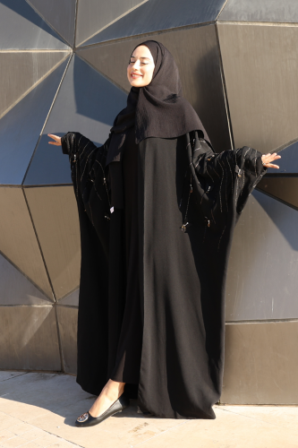 Bat Sleeve Embroidered Detailed Abaya 70012 Black - 3