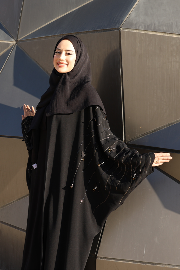 Bat Sleeve Embroidered Detailed Abaya 70012 Black - 4