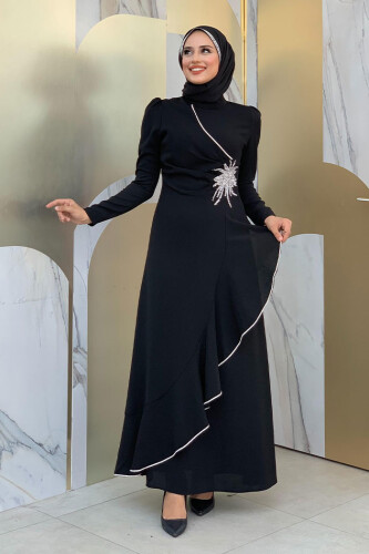 Bel Kısmı Taş İşlemeli Fırfır Görünümlü Elbise 3894 Siyah - Bym Fashion