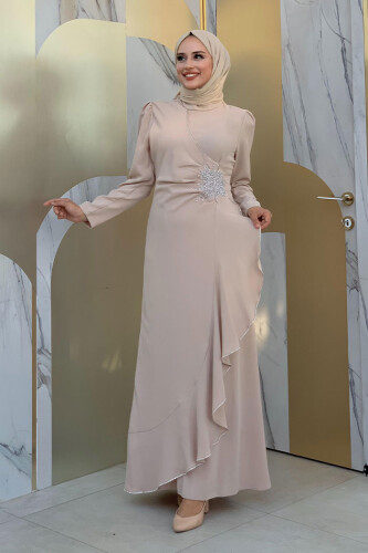 Bel Kısmı Taş İşlemeli Fırfır Görünümlü Elbise 3894 Taş - Bym Fashion