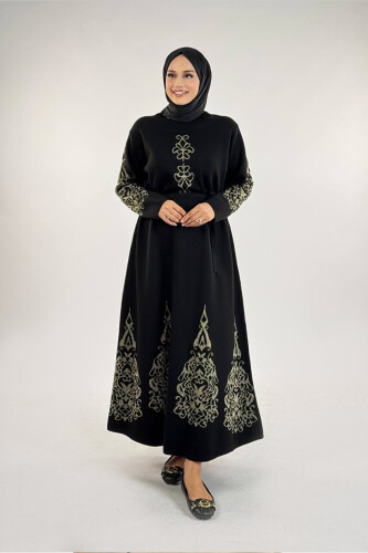 Bel Kuşaklı Desenli Triko Elbise 18304 Siyah-Gold 