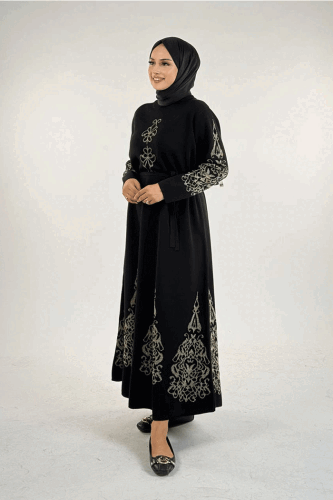 Bel Kuşaklı Desenli Triko Elbise 18304 Siyah-Gold - 3