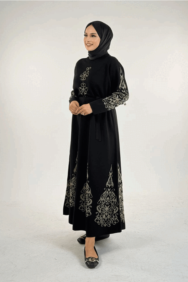 Bel Kuşaklı Desenli Triko Elbise 18304 Siyah-Gold - 3