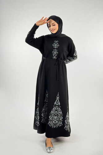 Bel Kuşaklı Desenli Triko Elbise 18304 Siyah-Gümüş - Bym Fashion