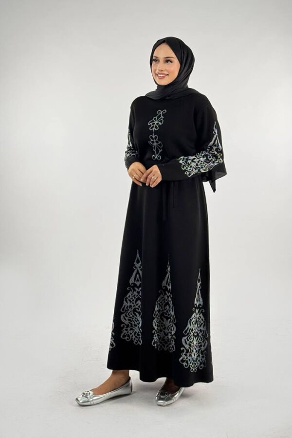 Bel Kuşaklı Desenli Triko Elbise 18304 Siyah-Gümüş - 3