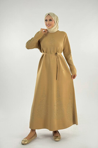 Bel Kuşaklı Desenli Triko Elbise 18304 Taba 