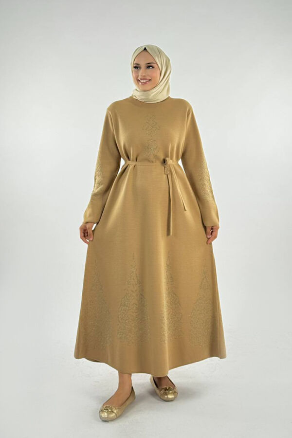 Bel Kuşaklı Desenli Triko Elbise 18304 Taba - 3