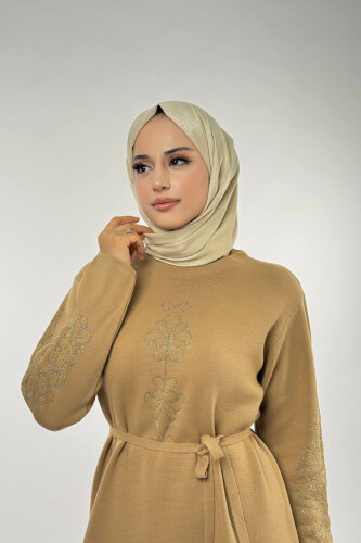 Bel Kuşaklı Desenli Triko Elbise 18304 Taba - 4