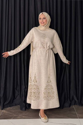 Bel Kuşaklı Desenli Triko Elbise 18304 Taş - Bym Fashion
