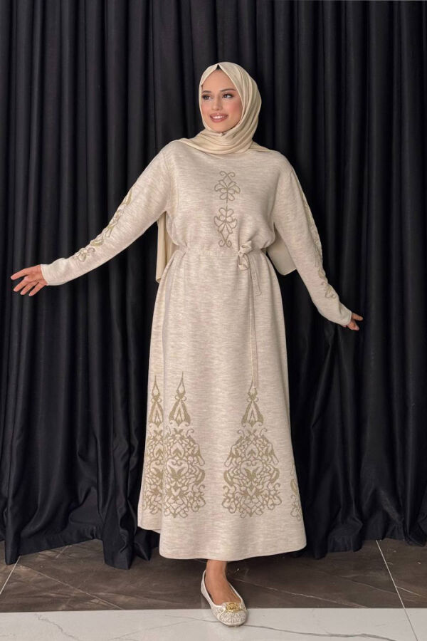 Bel Kuşaklı Desenli Triko Elbise 18304 Taş - 1