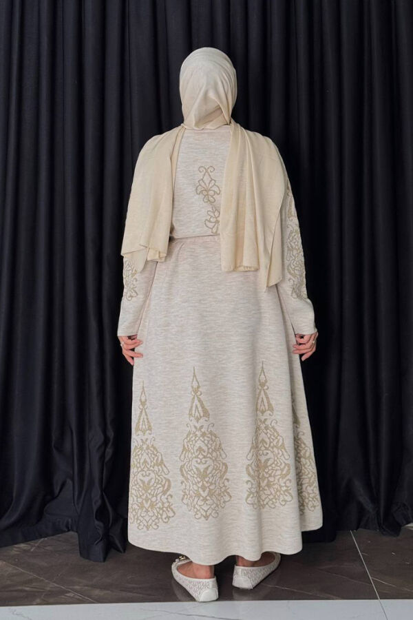 Bel Kuşaklı Desenli Triko Elbise 18304 Taş - 2
