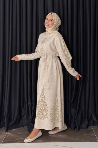 Bel Kuşaklı Desenli Triko Elbise 18304 Taş - 3