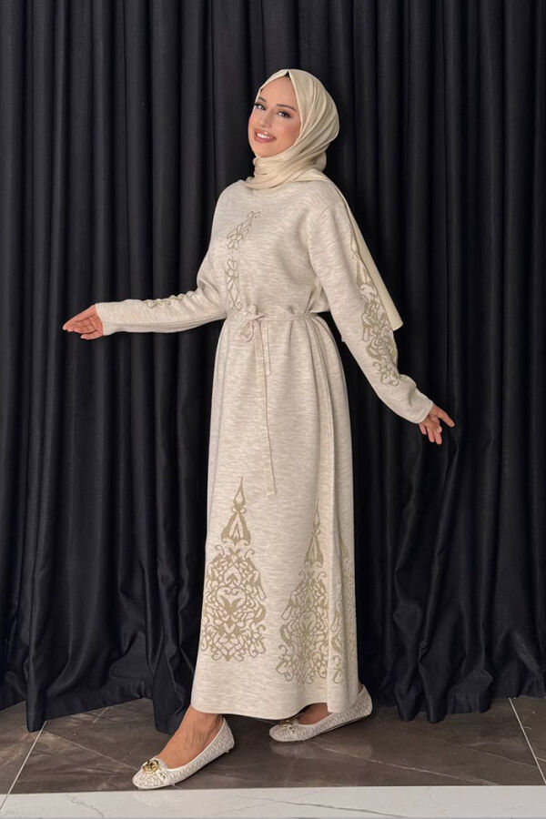 Bel Kuşaklı Desenli Triko Elbise 18304 Taş - 3