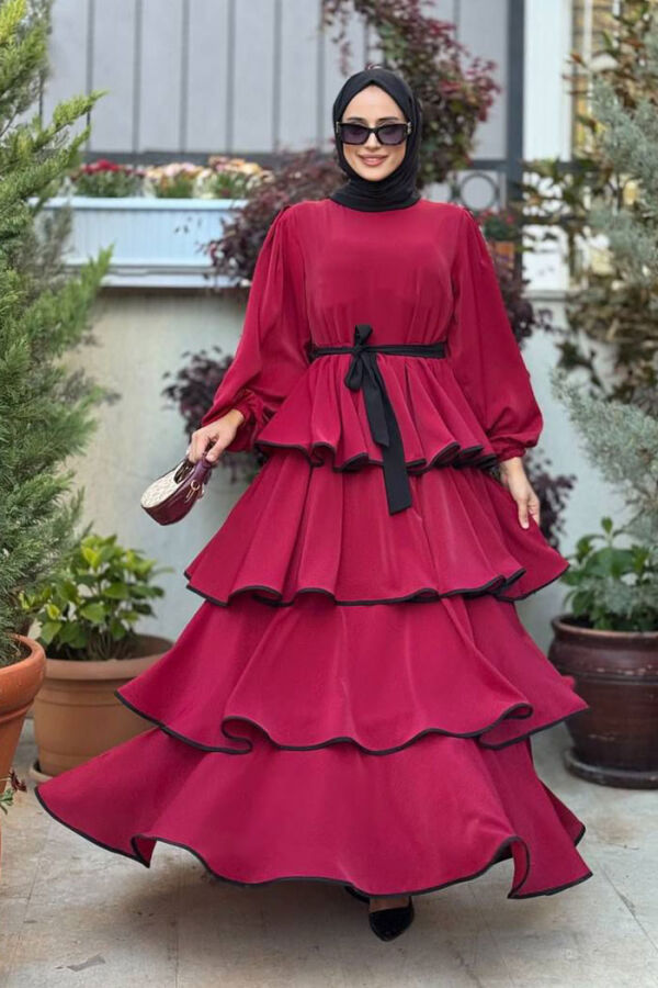 Bel Kuşaklı Kat Detay Elbise 6029 Bordo - 1