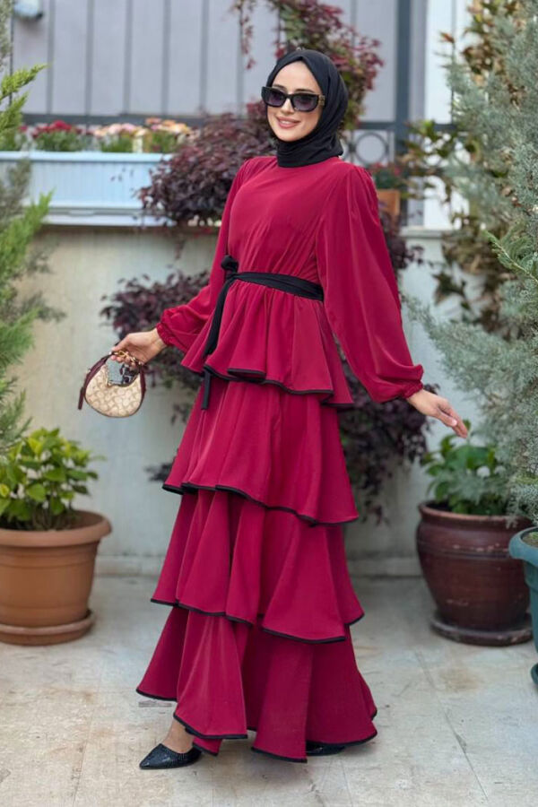 Bel Kuşaklı Kat Detay Elbise 6029 Bordo - 3