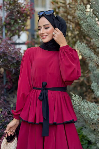 Bel Kuşaklı Kat Detay Elbise 6029 Bordo - 4