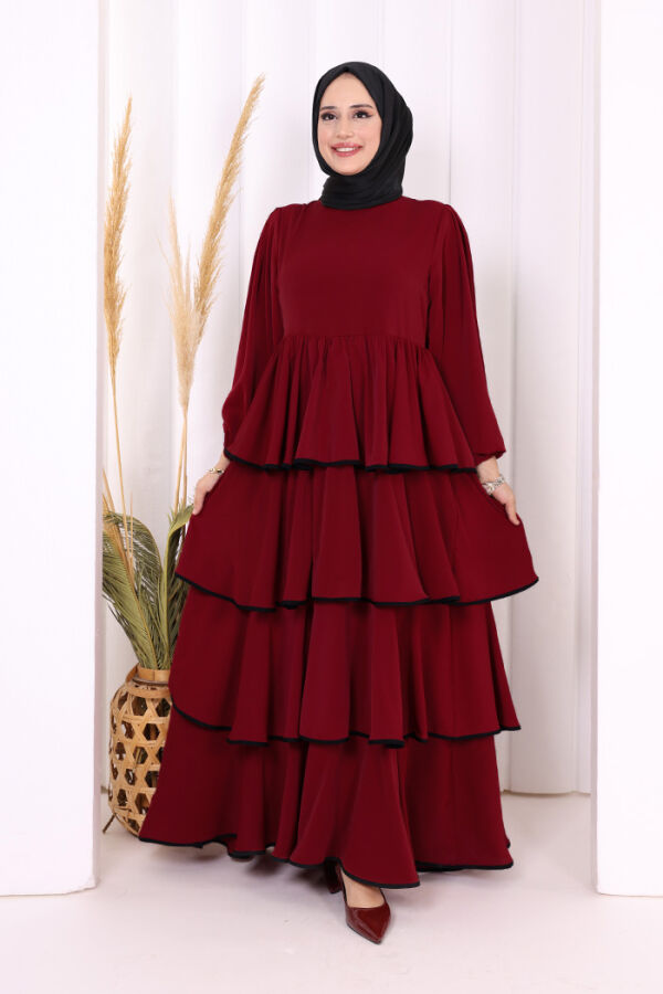 Bel Kuşaklı Kat Detay Elbise 6029 Bordo - 1
