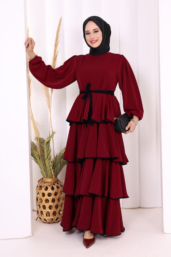 Bel Kuşaklı Kat Detay Elbise 6029 Bordo - 2