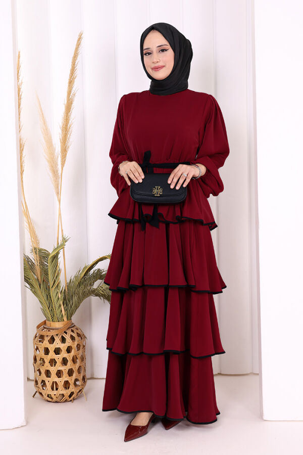 Bel Kuşaklı Kat Detay Elbise 6029 Bordo - 3