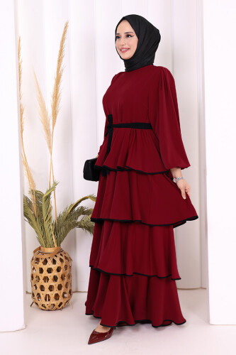 Bel Kuşaklı Kat Detay Elbise 6029 Bordo - 4
