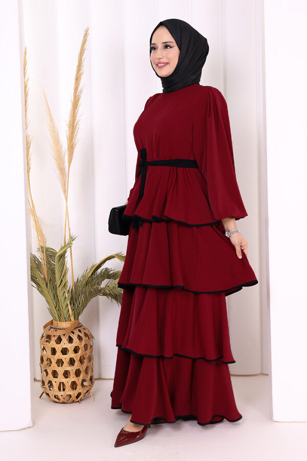 Bel Kuşaklı Kat Detay Elbise 6029 Bordo - 4
