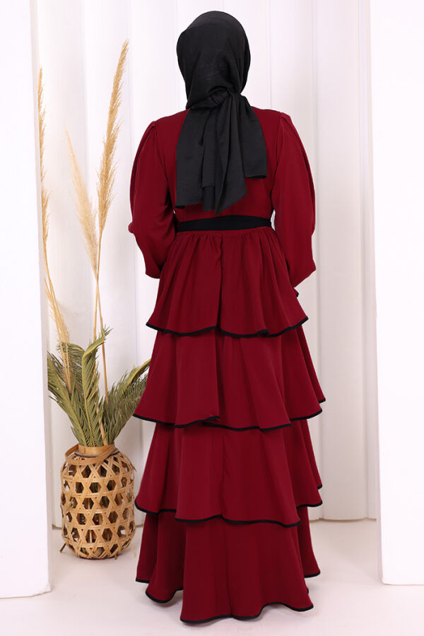 Bel Kuşaklı Kat Detay Elbise 6029 Bordo - 5