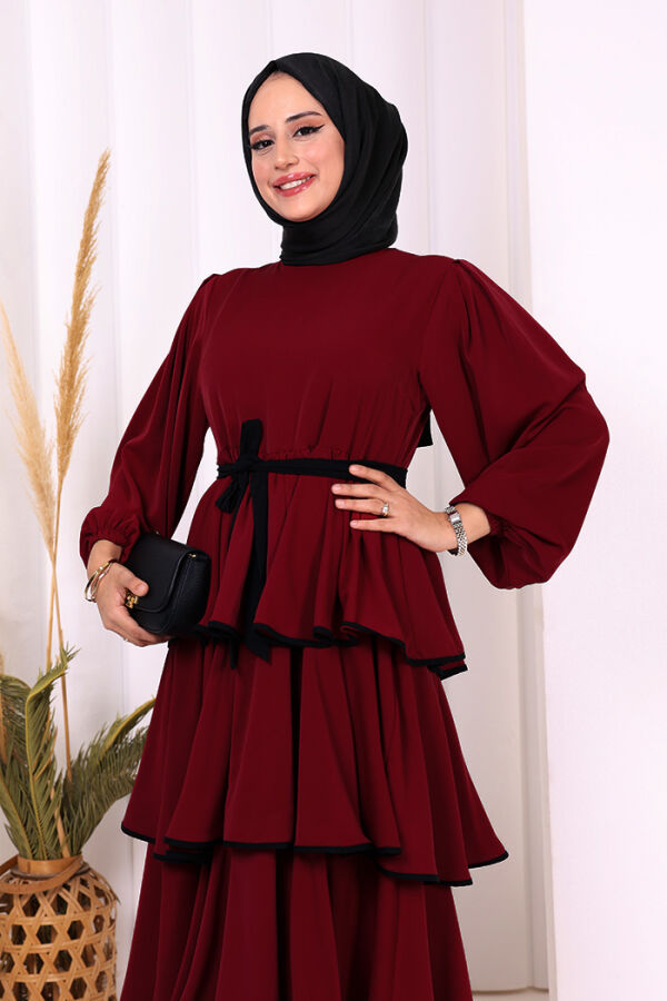 Bel Kuşaklı Kat Detay Elbise 6029 Bordo - 6