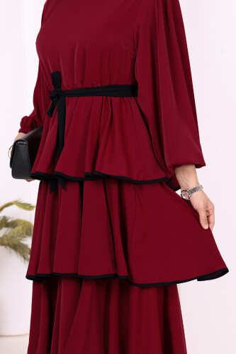 Bel Kuşaklı Kat Detay Elbise 6029 Bordo - 7