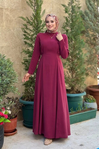 Bel Kuşaklı Kol Fermuar Detaylı Elbise 6041 Bordo - Bym Fashion