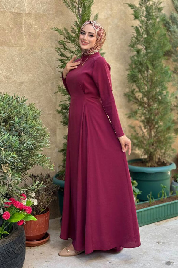 Bel Kuşaklı Kol Fermuar Detaylı Elbise 6041 Bordo - 3