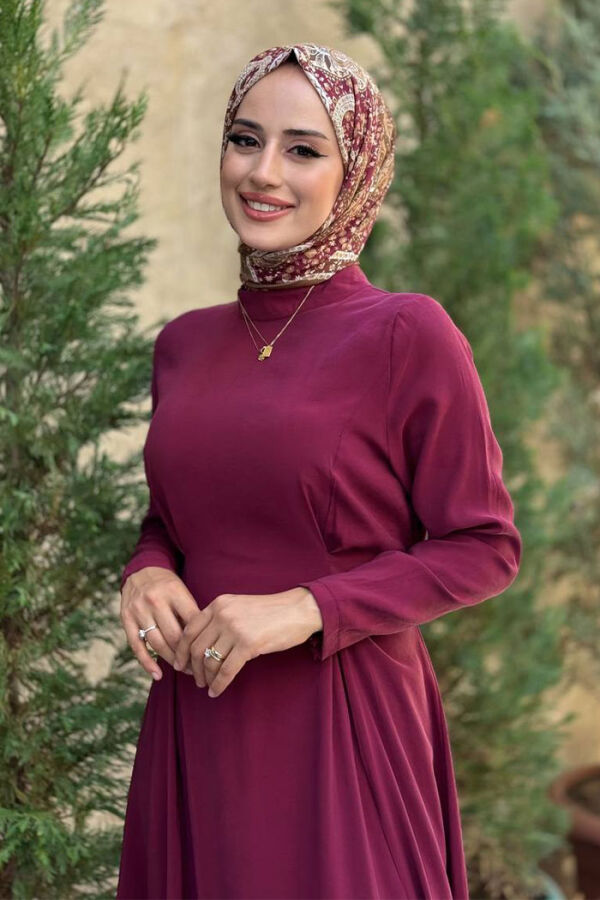 Bel Kuşaklı Kol Fermuar Detaylı Elbise 6041 Bordo - 4