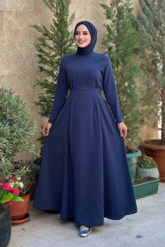 Bel Kuşaklı Kol Fermuar Detaylı Elbise 6041 Lacivert - Bym Fashion