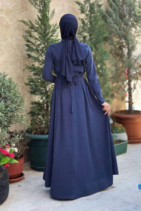 Bel Kuşaklı Kol Fermuar Detaylı Elbise 6041 Lacivert - 2