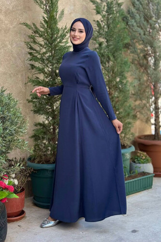 Bel Kuşaklı Kol Fermuar Detaylı Elbise 6041 Lacivert - 3